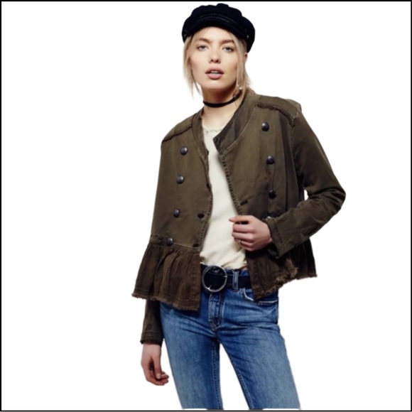 FREE PEOPLE OLIVE RUFFLE-TRIM PEPLUM MILITARY JACKET Sz S - Picture 3 of 12